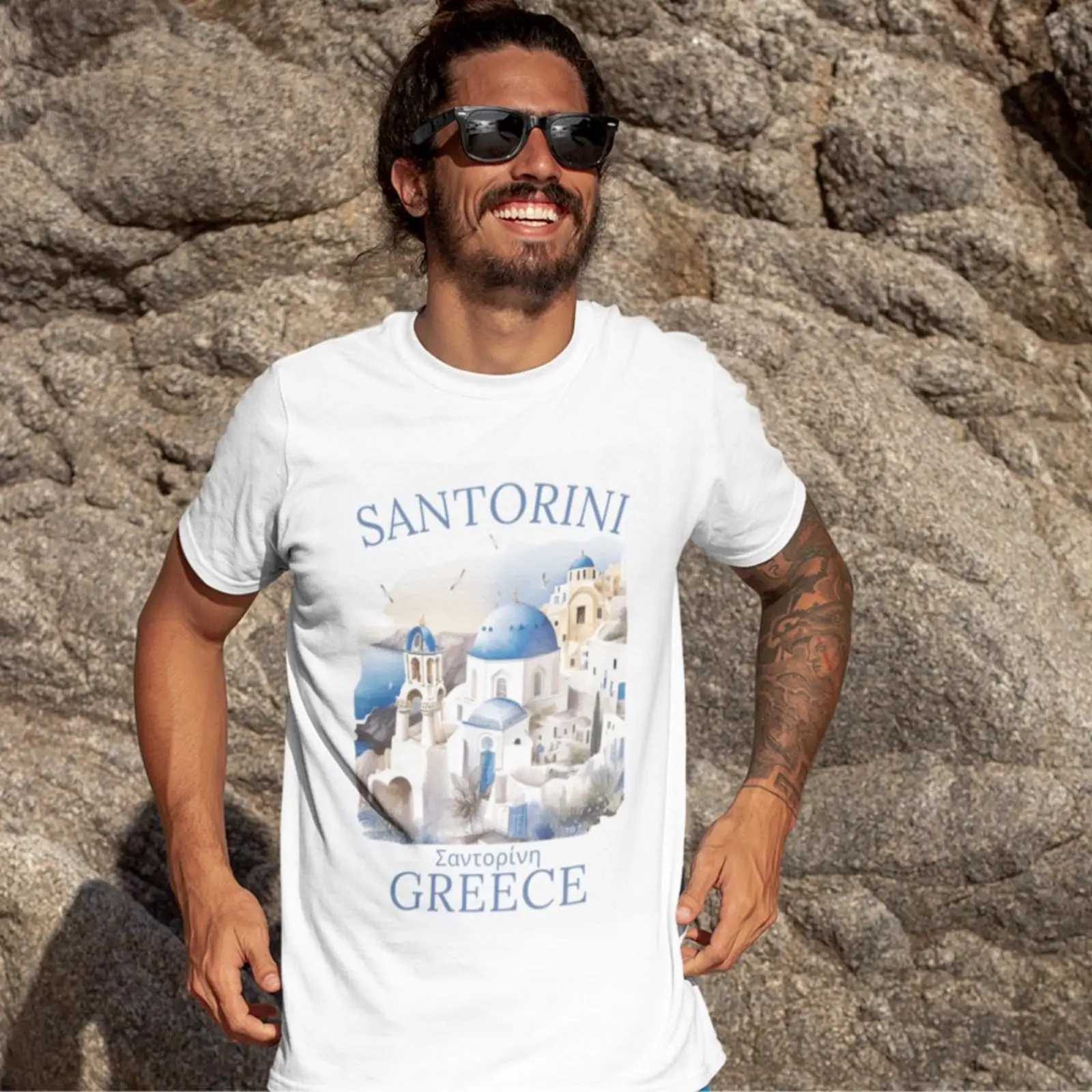 Men'S Fashion Greece - T-shirt Santorini Grecia con splendido paesaggio,